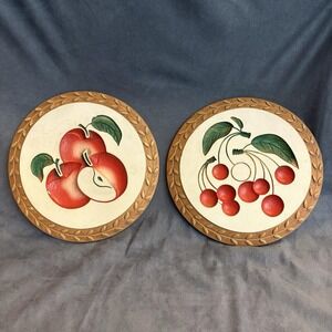 Vintage Modern Art Co‎ Wall Plaques Apples Cherries Fruit Kitchen Decor 1960s